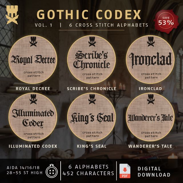 The Gothic Codex bundle: six blackletter cross stitch alphabets in embroidery hoops