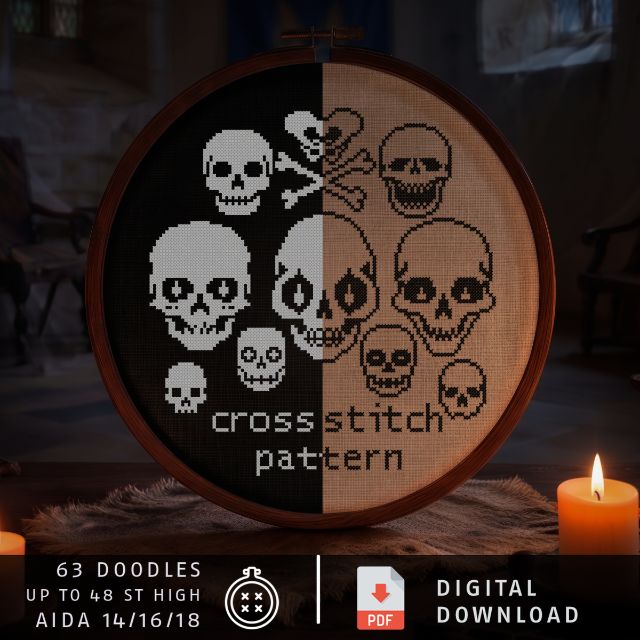 Skull and Bones Doodles: cross stitch pattern, PDF